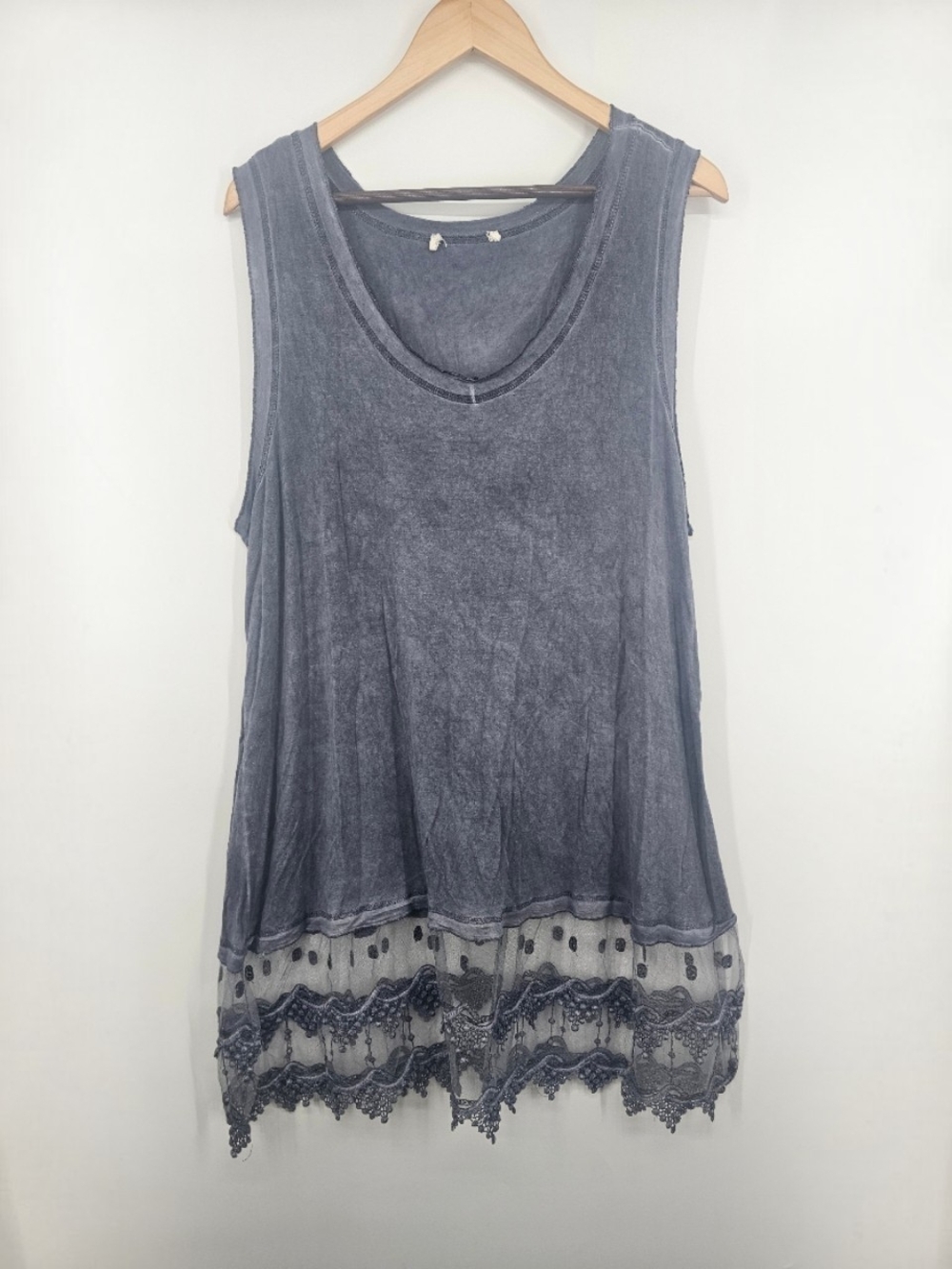 Boho Blue-Gray Mineral Wash Lace Hem Tunic Tank Top 1X/XXL Sleeveless Lagenlook